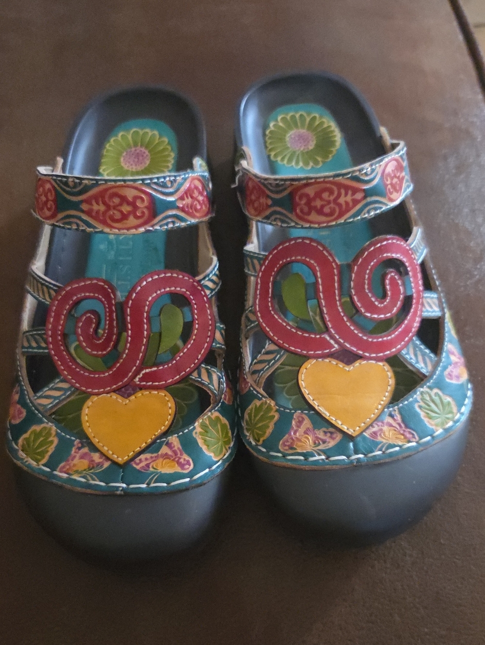 Spring Step L'ARTISTE Teal Floral Sandals with Pink and Yellow Accents
